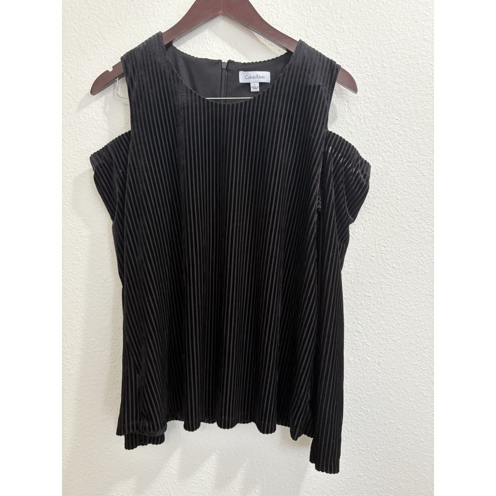 Calvin Klein Black Velvet Corduroy Womens Large Cold Shoulder Long Sleeve Shirt